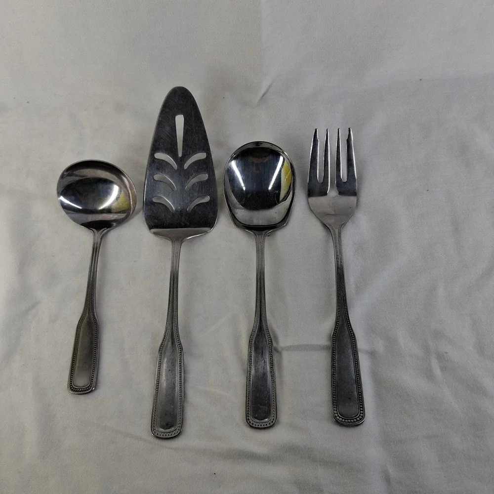 4 PCS Stainless By Salem Japan Beaded‎  Serving Fork, Spoon, Ladle, Cake Server
